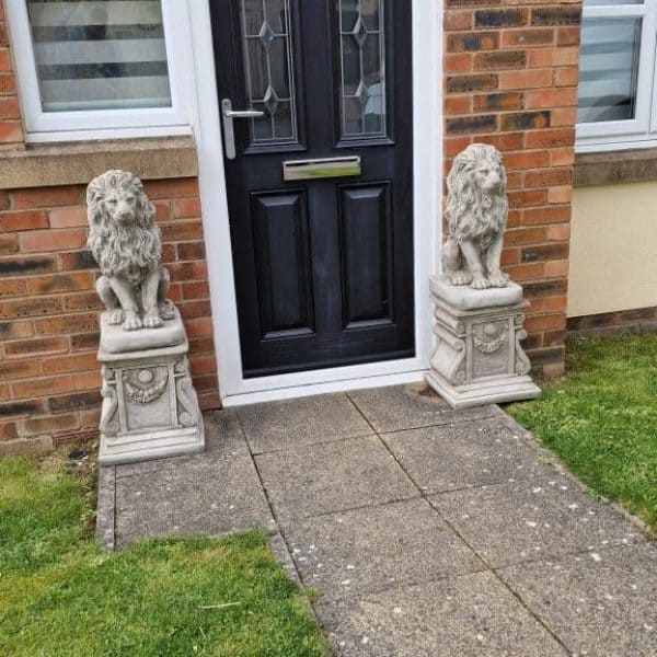 Pair Large Lion Garden Statue on Fancy Plinth