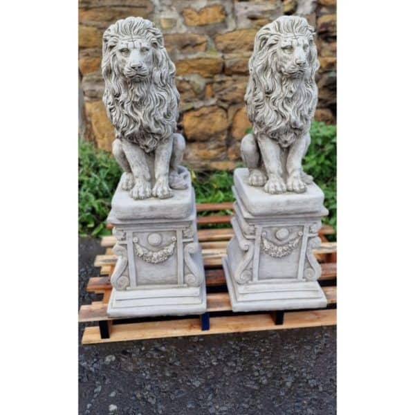 Pair Large Lion Garden Statue on Fancy Plinth