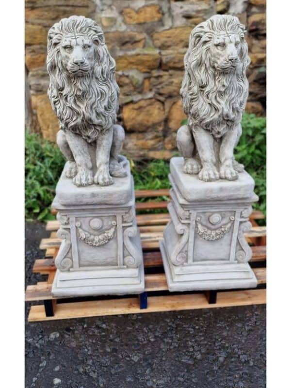 Pair Large Lion Garden Statue on Fancy Plinth