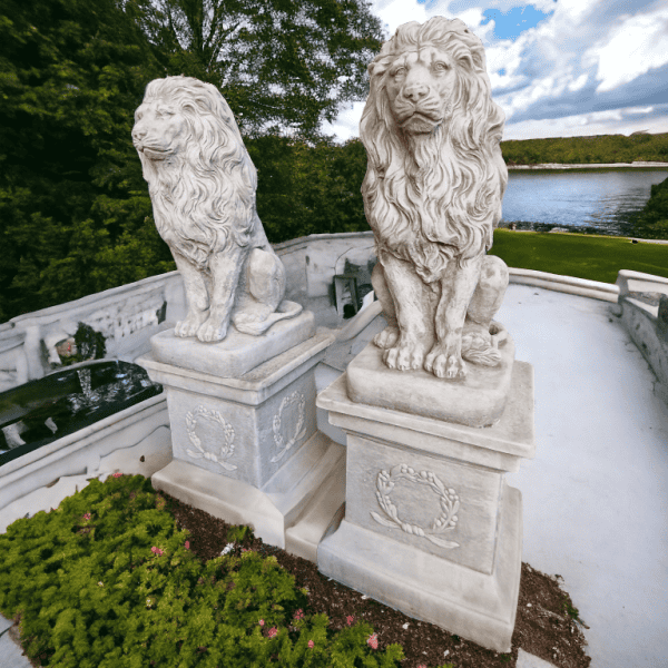 Pair Large Lion Garden Statue on Plinth