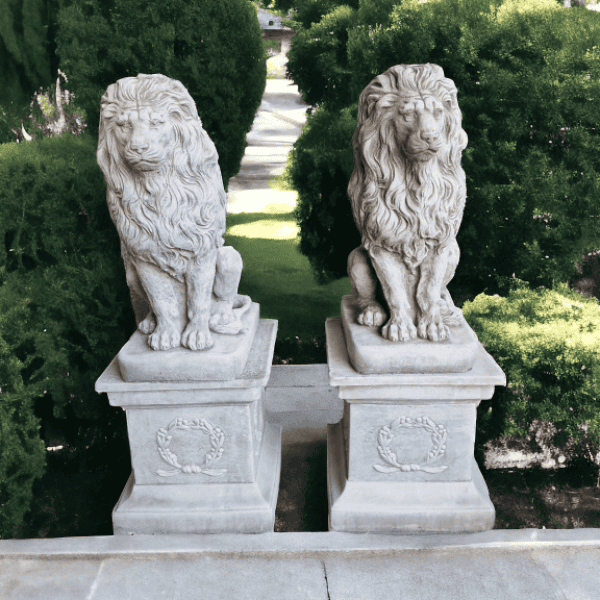 Pair Large Lion Garden Statue on Plinth