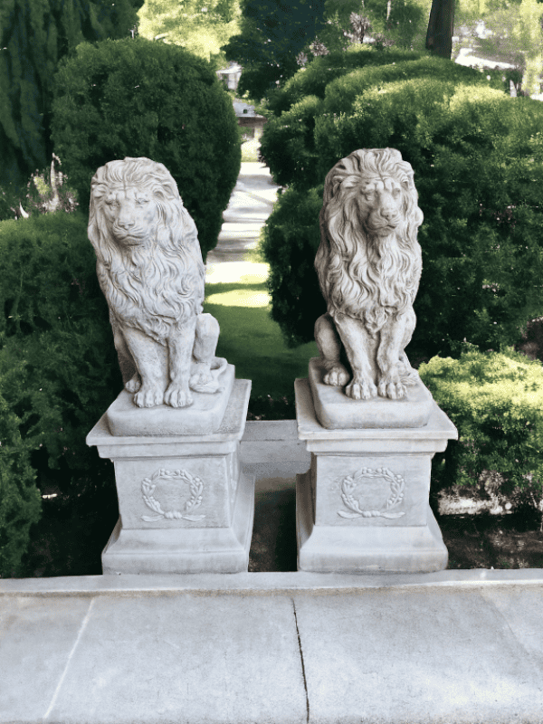 Pair Large Lion Garden Statue on Plinth